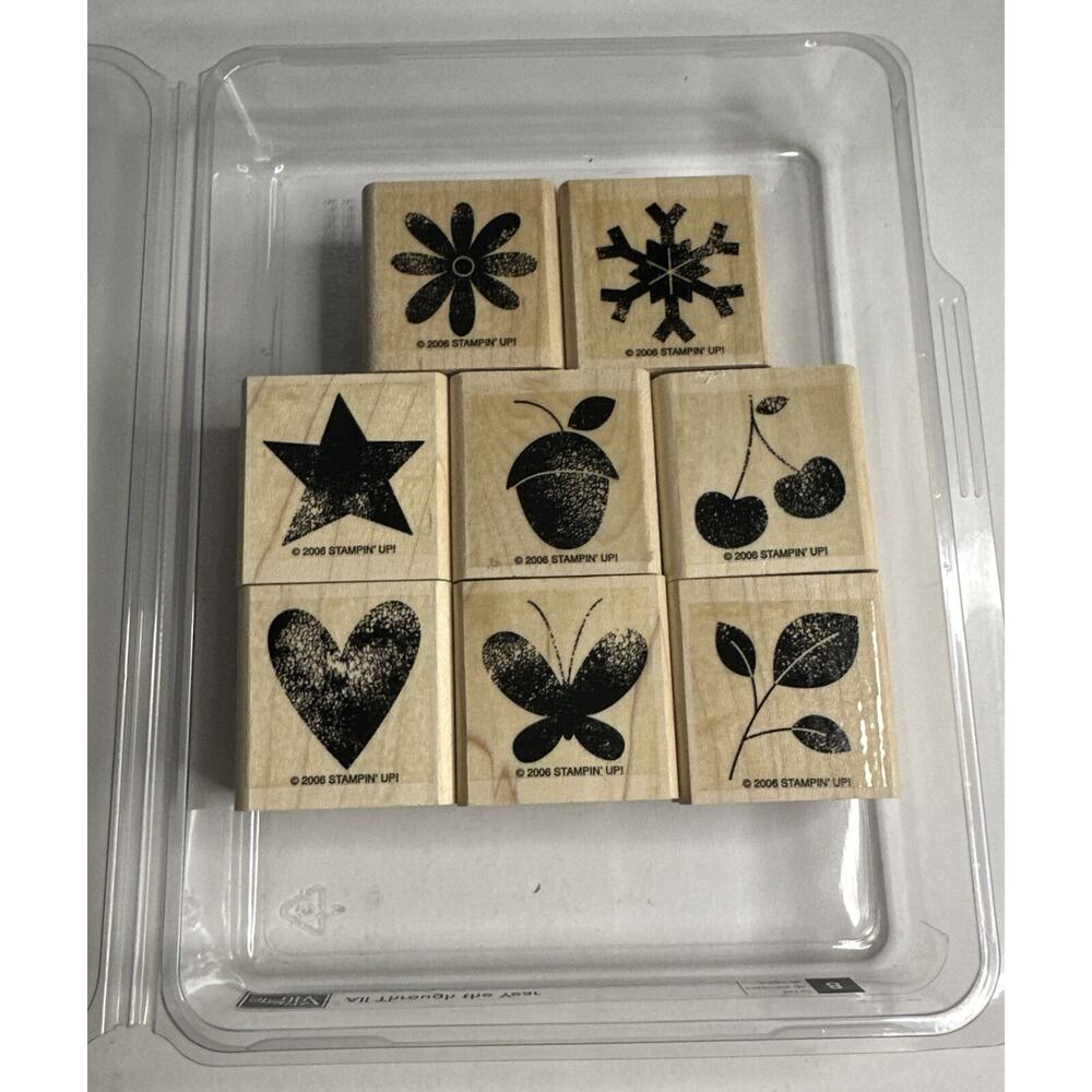Stampin' Up All Through the Year Wood Stamp Set of 8 Heart‎ Cherry Flower Star